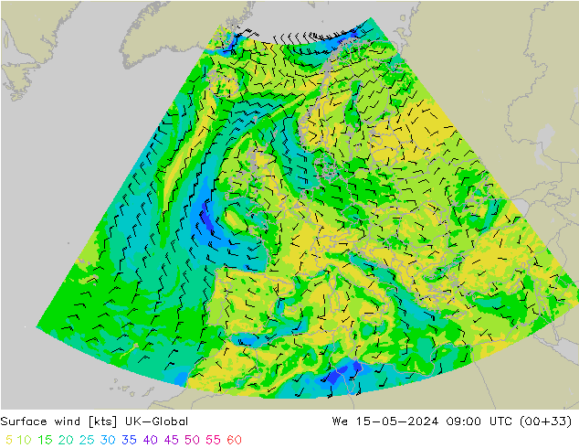 Surface wind UK-Global We 15.05.2024 09 UTC