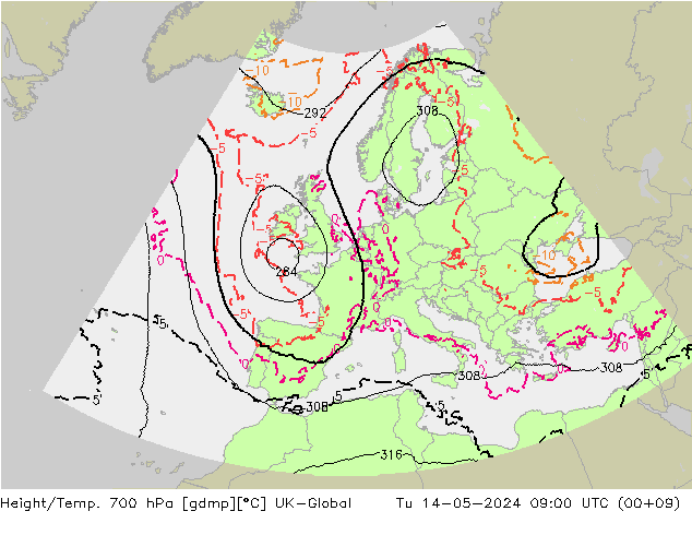 Hoogte/Temp. 700 hPa UK-Global di 14.05.2024 09 UTC