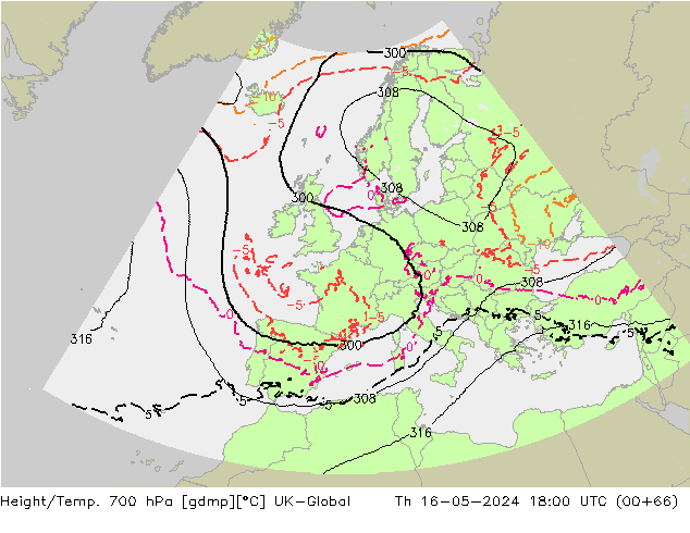 Height/Temp. 700 hPa UK-Global Th 16.05.2024 18 UTC