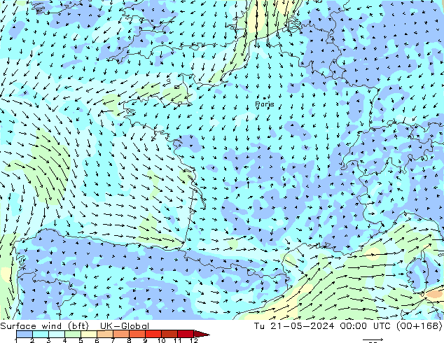 Surface wind (bft) UK-Global Tu 21.05.2024 00 UTC