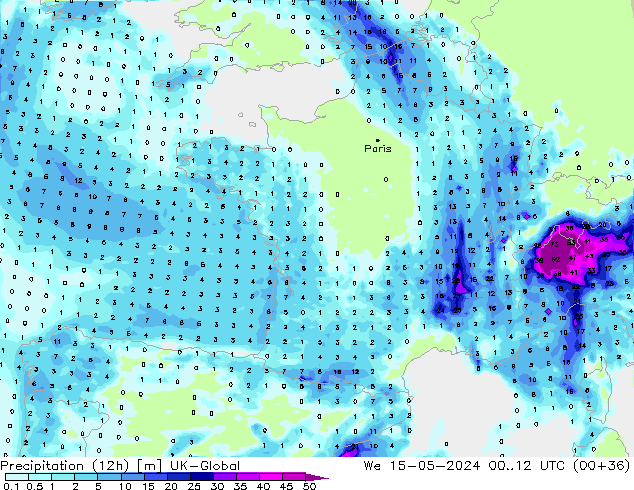 Totale neerslag (12h) UK-Global wo 15.05.2024 12 UTC