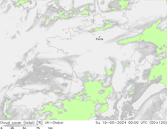 Bewolking (Totaal) UK-Global zo 19.05.2024 00 UTC