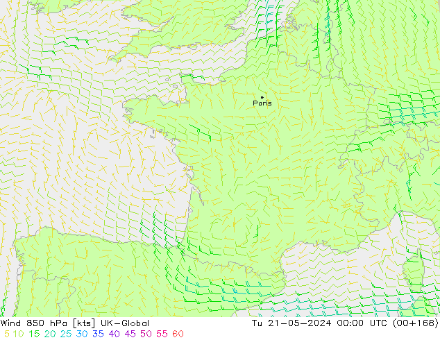 ветер 850 гПа UK-Global вт 21.05.2024 00 UTC