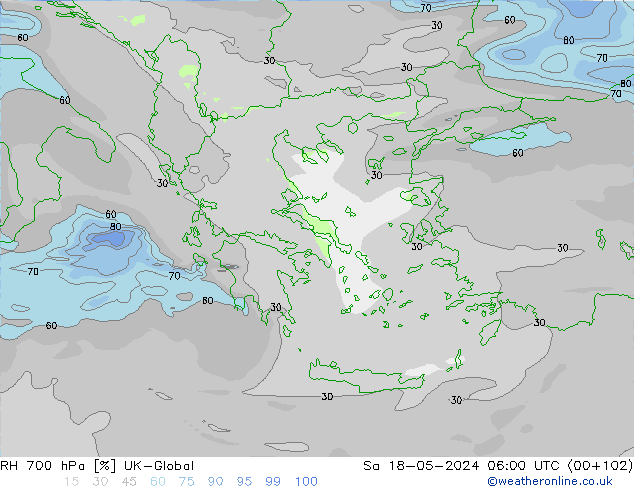 Humedad rel. 700hPa UK-Global sáb 18.05.2024 06 UTC