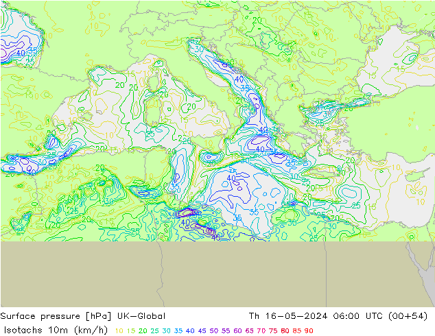 Isotachs (kph) UK-Global Th 16.05.2024 06 UTC