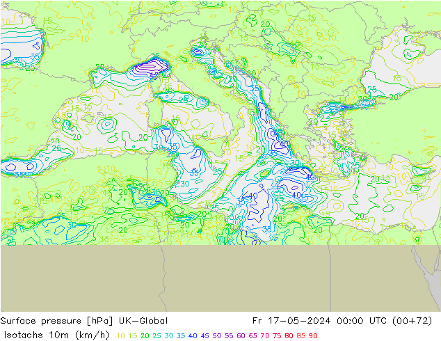 Isotachen (km/h) UK-Global vr 17.05.2024 00 UTC