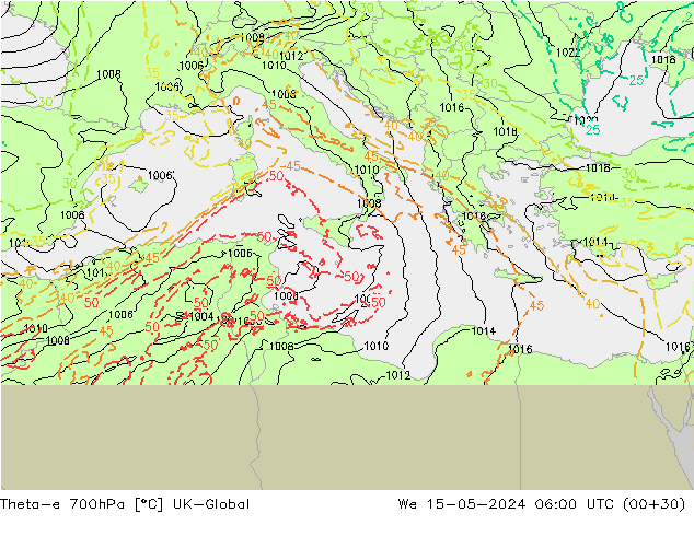 Theta-e 700hPa UK-Global mer 15.05.2024 06 UTC