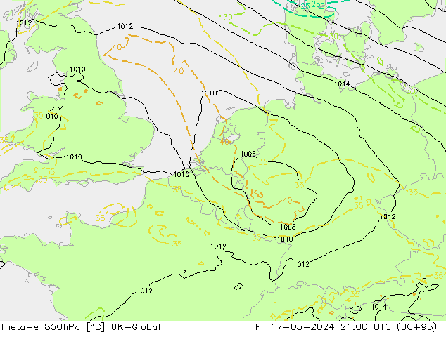 Theta-e 850hPa UK-Global Fr 17.05.2024 21 UTC