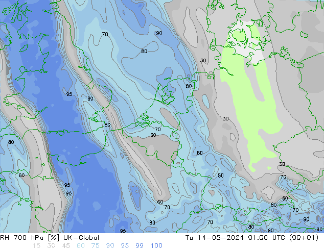 Humedad rel. 700hPa UK-Global mar 14.05.2024 01 UTC