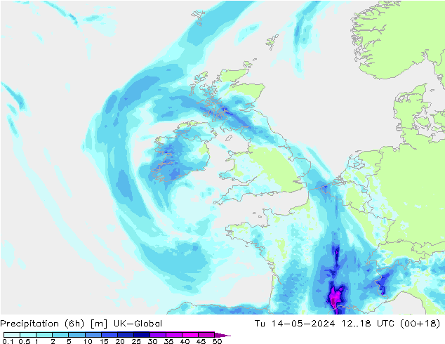 Precipitation (6h) UK-Global Út 14.05.2024 18 UTC