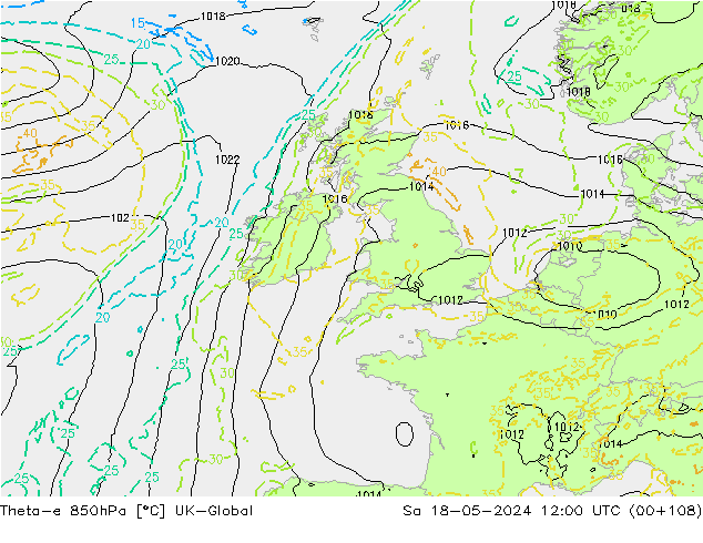 Theta-e 850hPa UK-Global Sáb 18.05.2024 12 UTC