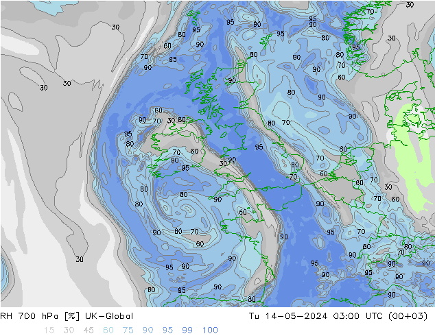 Humidité rel. 700 hPa UK-Global mar 14.05.2024 03 UTC