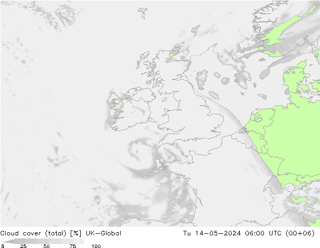 Cloud cover (total) UK-Global Tu 14.05.2024 06 UTC