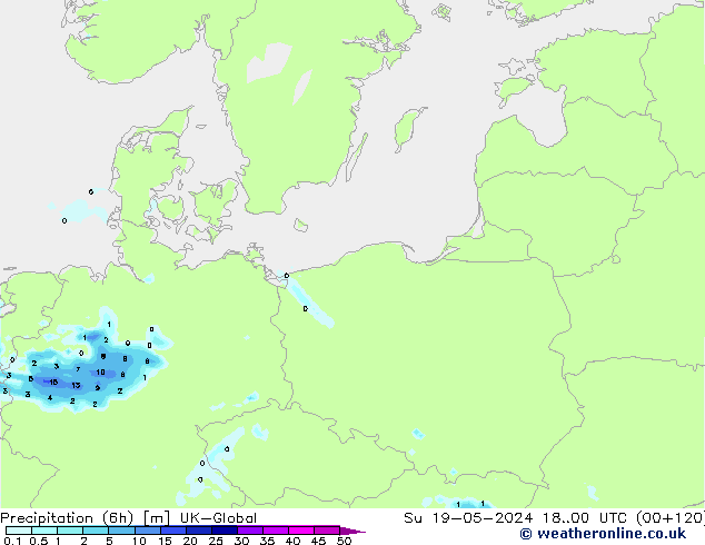 Totale neerslag (6h) UK-Global zo 19.05.2024 00 UTC