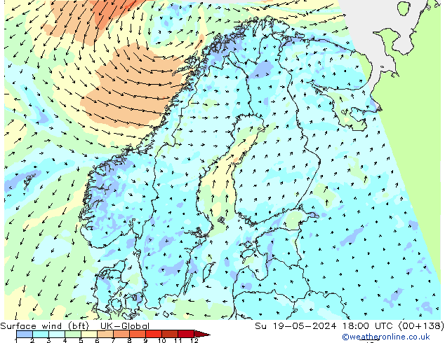 Surface wind (bft) UK-Global Su 19.05.2024 18 UTC