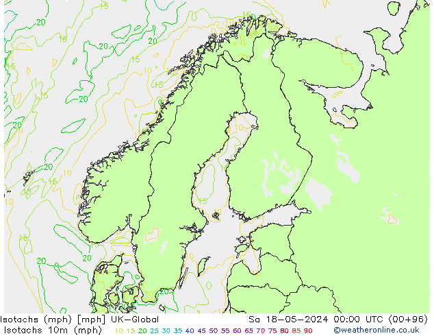 Isotachen (mph) UK-Global za 18.05.2024 00 UTC
