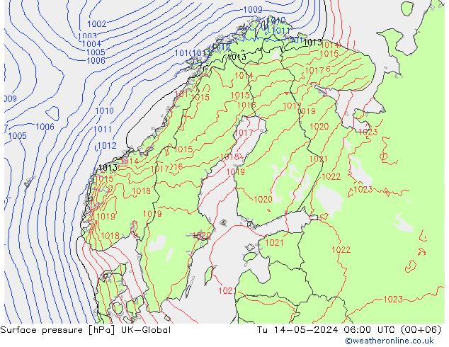 Surface pressure UK-Global Tu 14.05.2024 06 UTC
