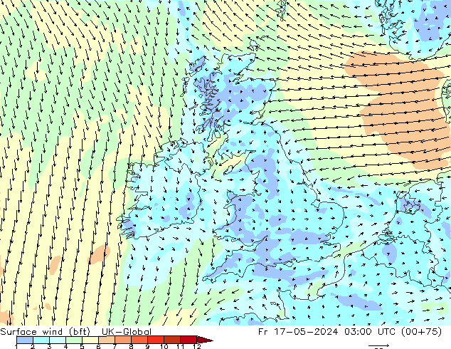 Surface wind (bft) UK-Global Fr 17.05.2024 03 UTC