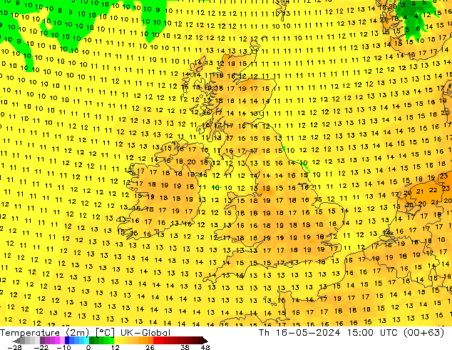 Temperatuurkaart (2m) UK-Global do 16.05.2024 15 UTC