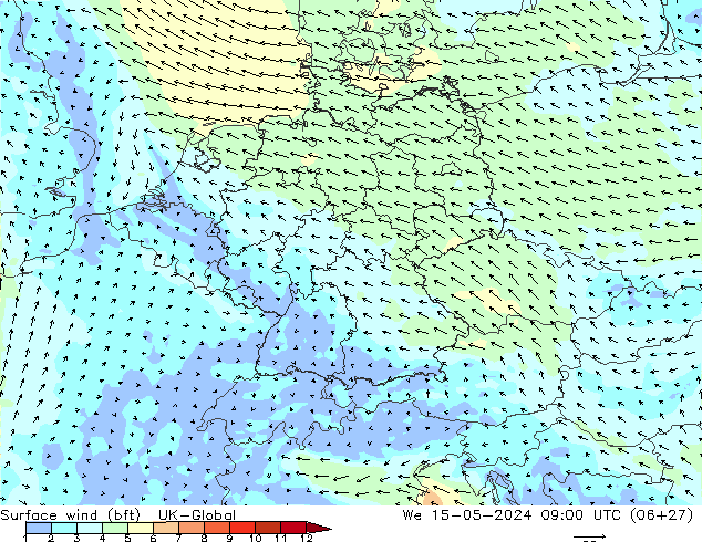 Surface wind (bft) UK-Global St 15.05.2024 09 UTC