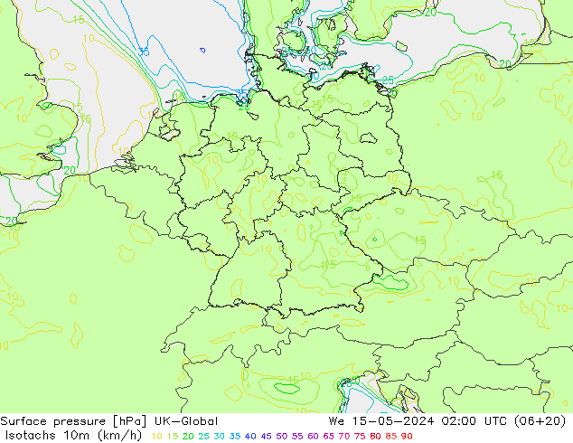 10米等风速线 (kph) UK-Global 星期三 15.05.2024 02 UTC