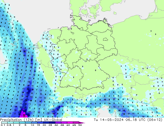 降水量 (12h) UK-Global 星期二 14.05.2024 18 UTC
