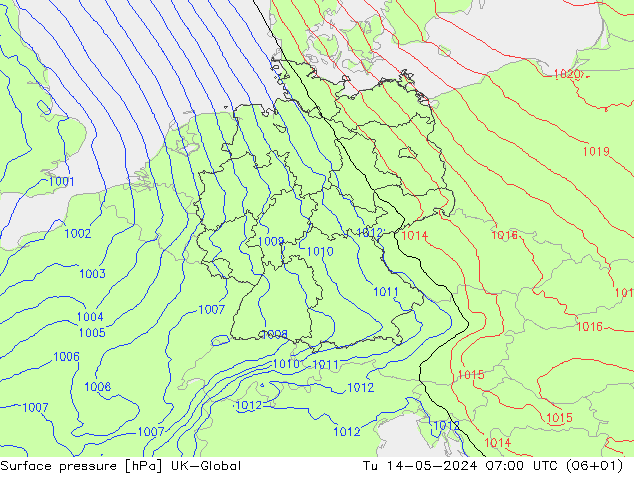地面气压 UK-Global 星期二 14.05.2024 07 UTC