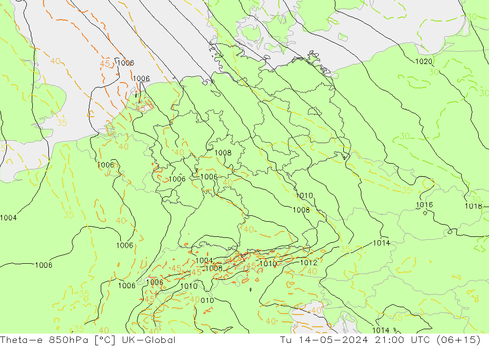 Theta-e 850hPa UK-Global mar 14.05.2024 21 UTC
