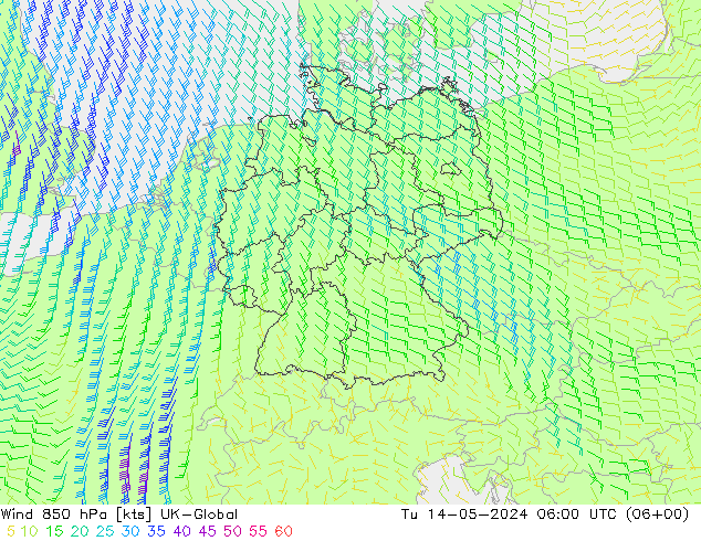 风 850 hPa UK-Global 星期二 14.05.2024 06 UTC