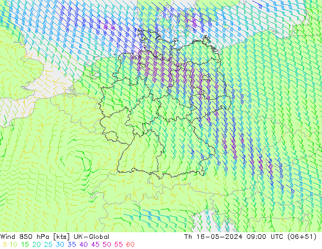 wiatr 850 hPa UK-Global czw. 16.05.2024 09 UTC
