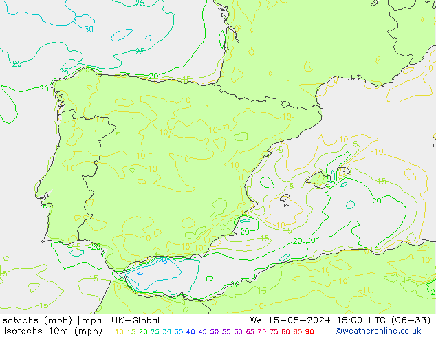 Isotachen (mph) UK-Global wo 15.05.2024 15 UTC