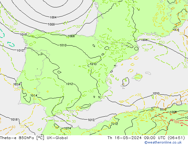 Theta-e 850hPa UK-Global do 16.05.2024 09 UTC