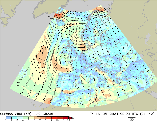 Surface wind (bft) UK-Global Th 16.05.2024 00 UTC