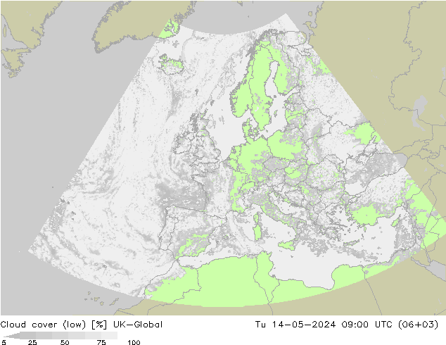 Bewolking (Laag) UK-Global di 14.05.2024 09 UTC