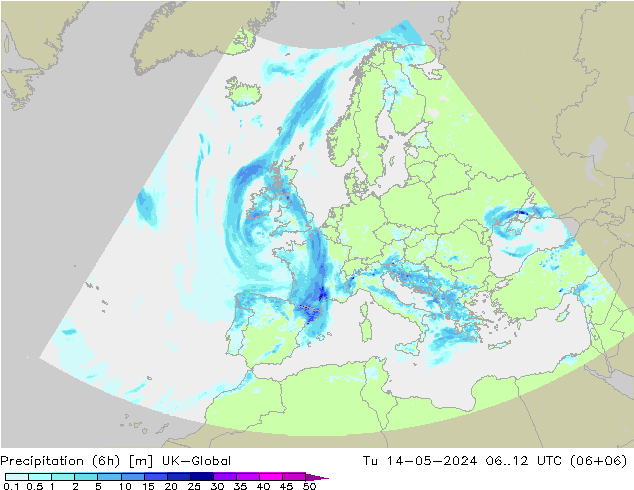 Precipitation (6h) UK-Global Tu 14.05.2024 12 UTC