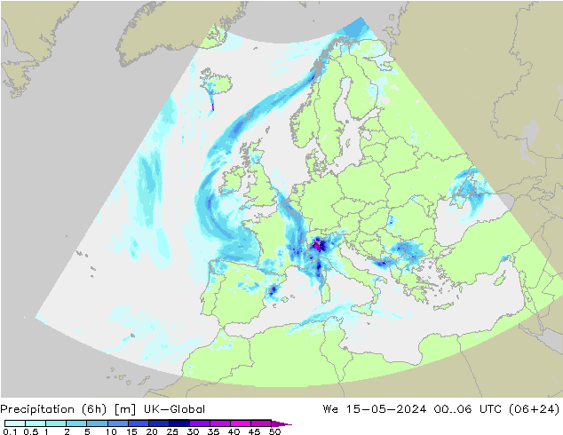 Precipitación (6h) UK-Global mié 15.05.2024 06 UTC