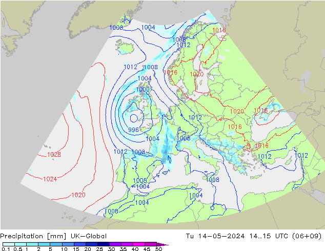 Precipitation UK-Global Tu 14.05.2024 15 UTC