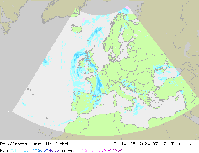 Rain/Snowfall UK-Global Út 14.05.2024 07 UTC