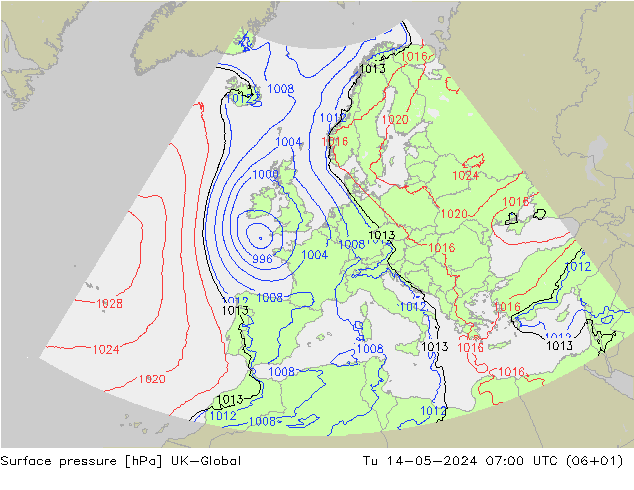 地面气压 UK-Global 星期二 14.05.2024 07 UTC