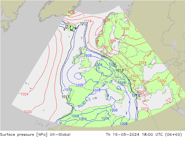 Pressione al suolo UK-Global gio 16.05.2024 18 UTC