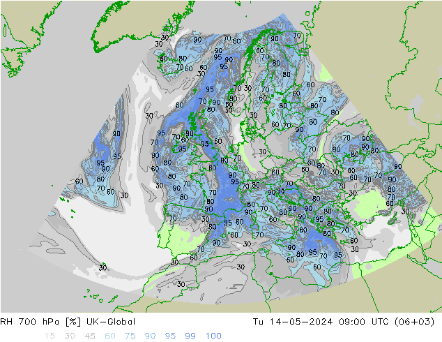 Humidité rel. 700 hPa UK-Global mar 14.05.2024 09 UTC