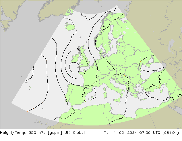 Height/Temp. 950 hPa UK-Global mar 14.05.2024 07 UTC