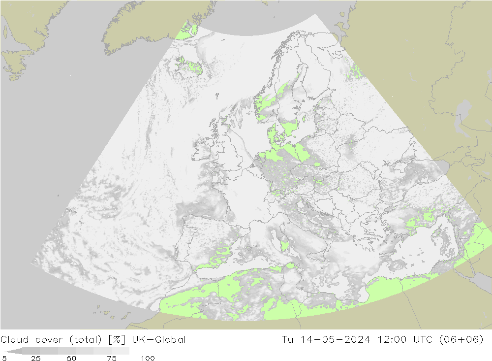 Wolken (gesamt) UK-Global Di 14.05.2024 12 UTC