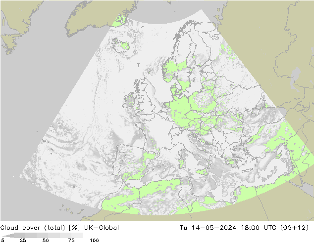 Cloud cover (total) UK-Global Tu 14.05.2024 18 UTC