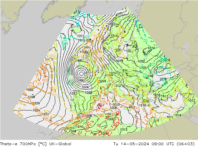 Theta-e 700hPa UK-Global di 14.05.2024 09 UTC