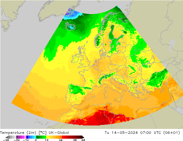 Temperature (2m) UK-Global Tu 14.05.2024 07 UTC