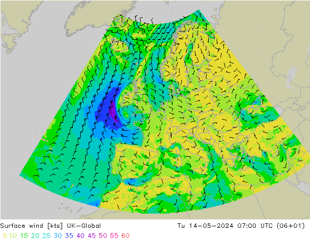 风 10 米 UK-Global 星期二 14.05.2024 07 UTC