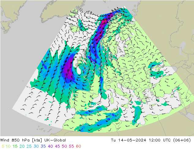 风 850 hPa UK-Global 星期二 14.05.2024 12 UTC