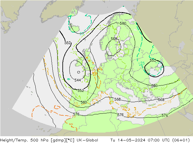 Yükseklik/Sıc. 500 hPa UK-Global Sa 14.05.2024 07 UTC