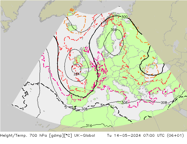 Hoogte/Temp. 700 hPa UK-Global di 14.05.2024 07 UTC